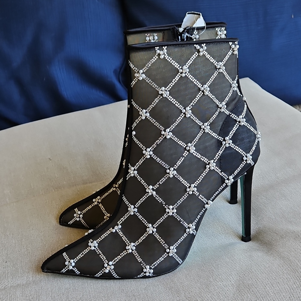 FINAL PRICE/ LAST ONE Betsey Johnson Larkk Black Latice Embelished Sheer Booties - Picture 7 of 12